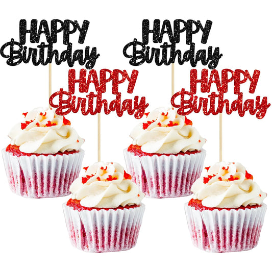 Gyufise 24Pcs Happy Birthday Cupcake Toppers Glitter Birthday Cupcake Food Picks for Celebrating Happy Halloween Theme Party Cake Decorations Supplies Black Red