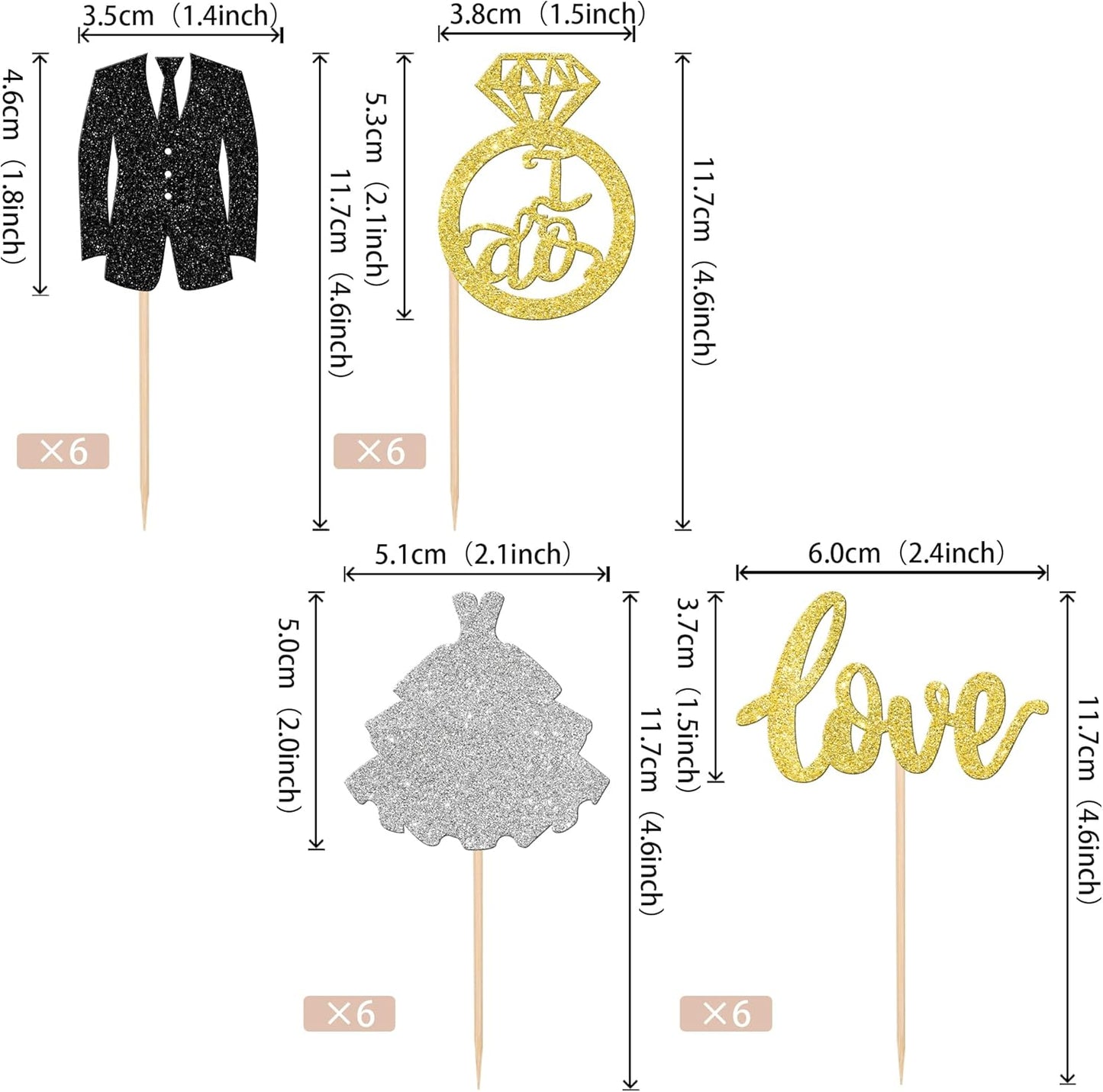 24 PCS Wedding Cupcake Toppers Glitter Bride and Groom Cupcake Picks Love I Do Ring Cupcake Decorations for Wedding Engagement Bridal Shower Theme Party Cake Decorations Supplies Gold