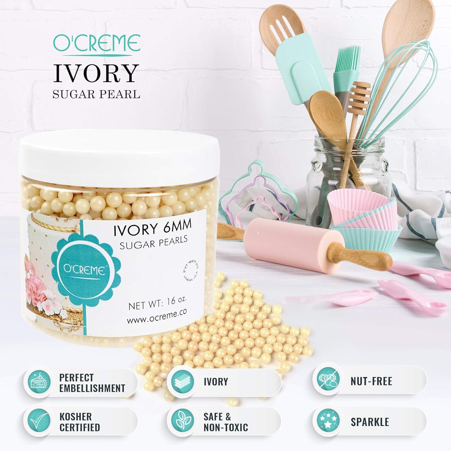 O'Creme Ivory Edible Sugar Pearls Cake Decorating Supplies for Bakers: Cookie, Cupcake & Icing Toppings, Beads Sprinkles For Baking, Certified, Candy Sugar Ball Accents (8mm, 16 Oz)