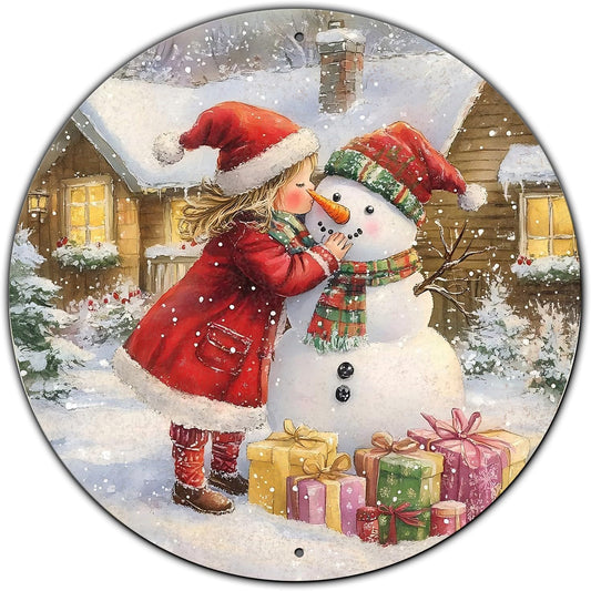 Round Wall Decor Metal Sign - Girl & Snowman Rustic Wall Plaque - Christmas Wreath Sign - 8*8 in