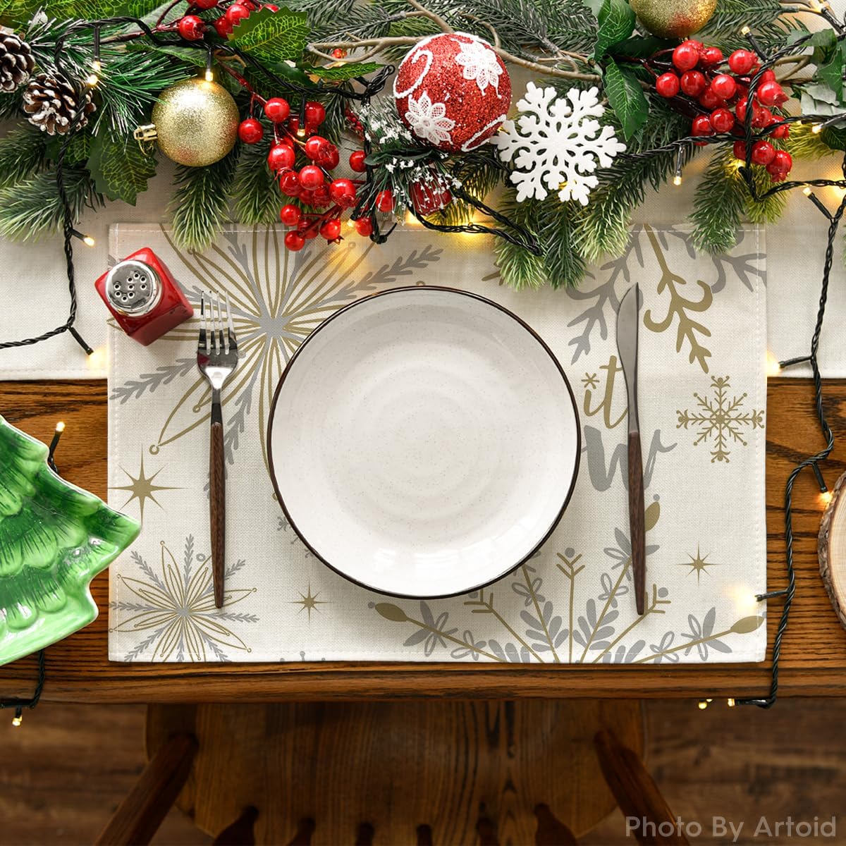 Artoid Mode Beige Snowflake Let It Snow Winter Placemats Set of 8, 12x18 Inch Seasonal Christmas Table Mats for Party Kitchen Dining Decoration