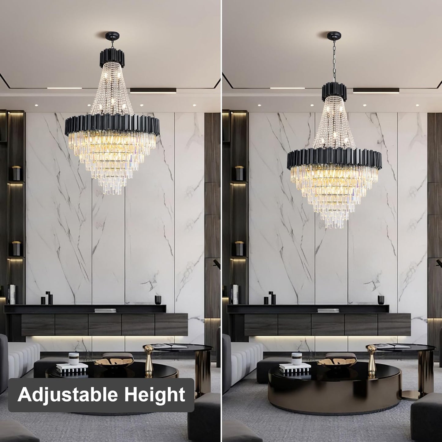 54" Luxury Long Crystal Chandelier for High Ceilings, 21-Light Modern Black Large Chandeliers for Staircase, Foyer, Entryway, Living Room, Hallway, Contemporary K9 Crystal Tiered Chandelier