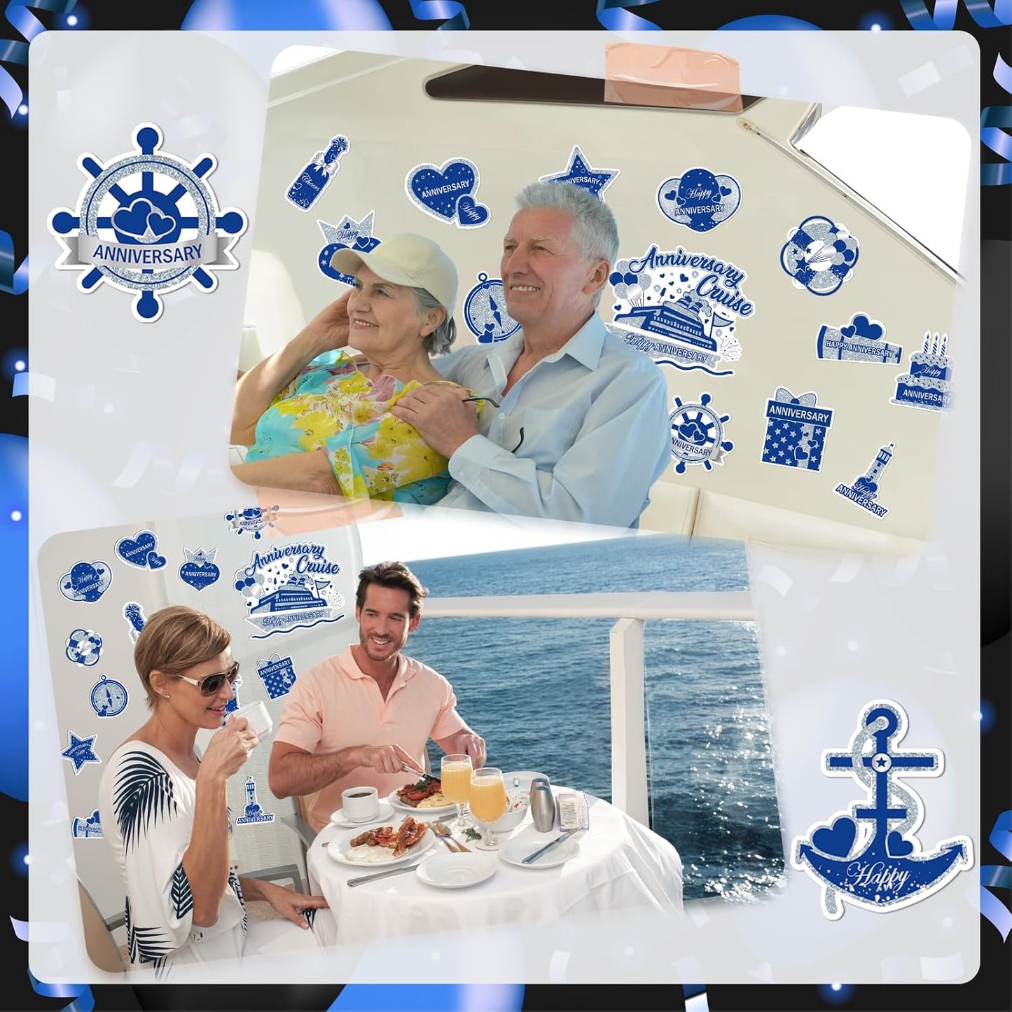 Happy Anniversary Cruise Door Magnets Decorations, Blue Silver Happy Anniversary Cruise Ship Door Decor Magnetic for Married Men Women Wedding Party Refrigerator Fridge Car Kitchen Garage Personalized