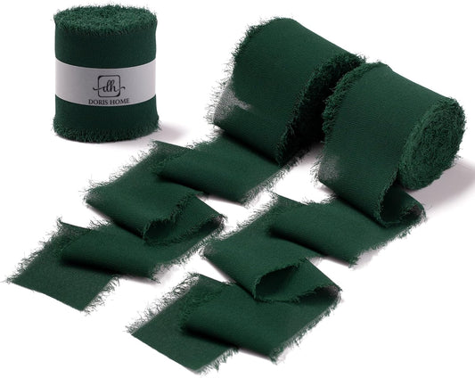 DORIS HOME Dark Green Chiffon Ribbon for Flower Bouquet, 2" x21Yd Fabric Ribbon for Gift Wrapping, Handmade Frayed Ribbon for Wedding/Christmas Decorations