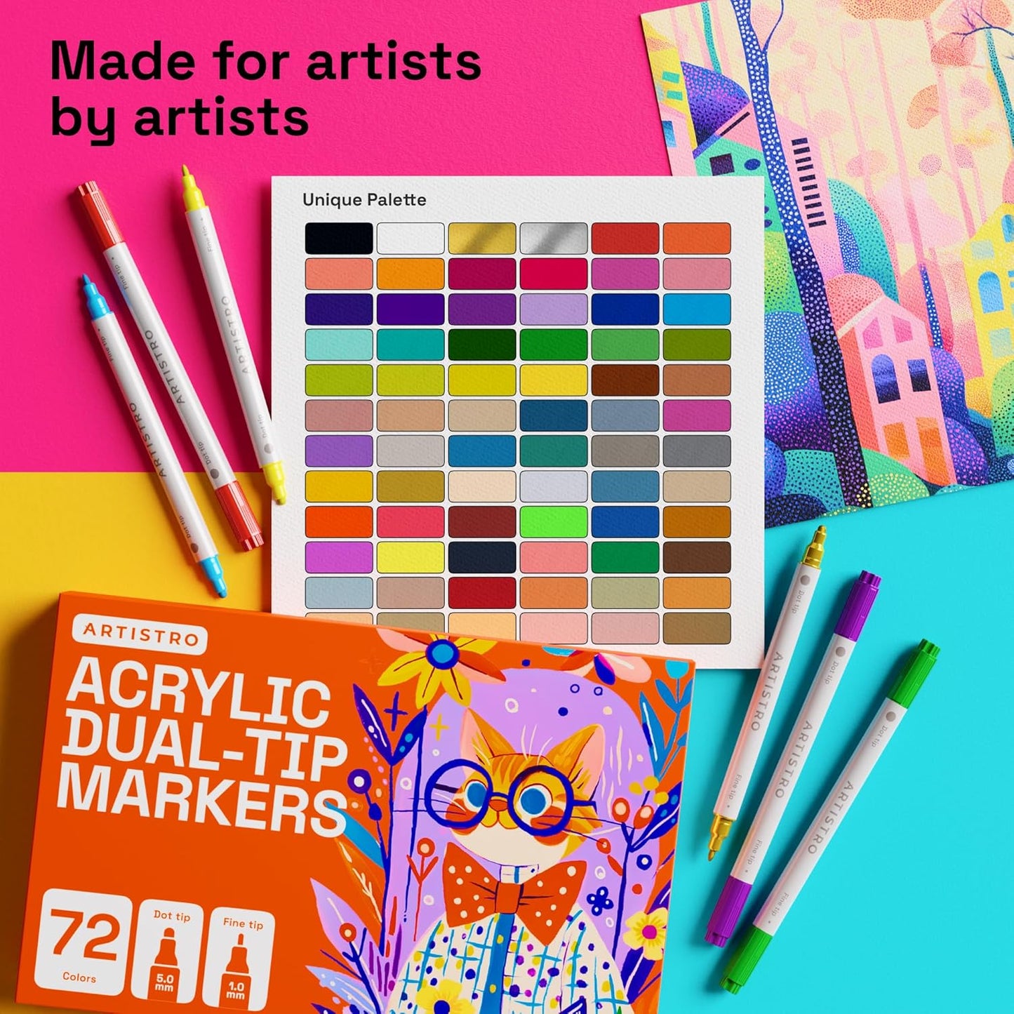 ARTISTRO Vibrant Acrylic Paint Markers for Rock, Fabric, Glass, Wood, Paper, Ceramic, Canvas & More - 72 Dual-Tip Paint Pens (Dot & Fine) - Quick Dry, Teacher Classrooms Must Have, Drawing Markers