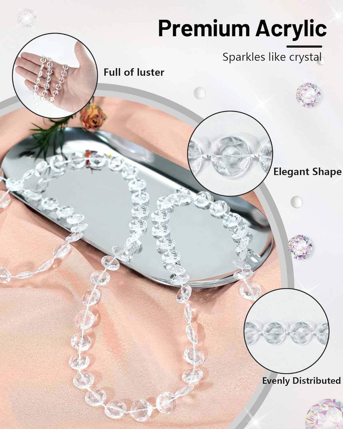 99FT Crystal Garland Strands, Acrylic Clear Crystal Beads String Roll, Diamond-Shaped Crystal Garland for Christmas Tree Wedding Party Decorations Beaded Curtain DIY Crafting Projects