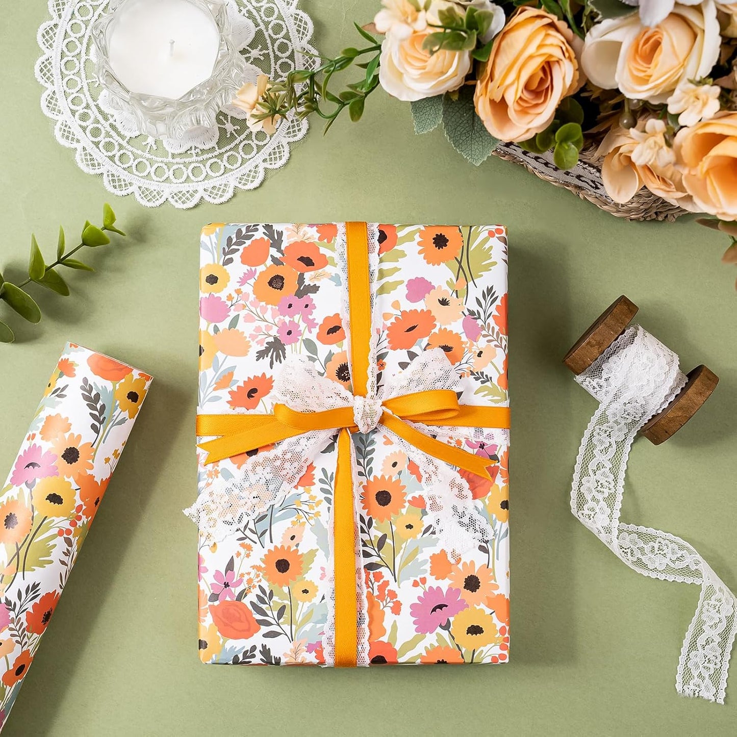 WRAPAHOLIC Kraft Floral Wrapping Paper Roll - Mini Roll - 17 Inch x 16.5 Feet - Bright Summer Flower Wrapping Paper, Perfect for Wedding, Birthday, Bridal Shower, Tea Party