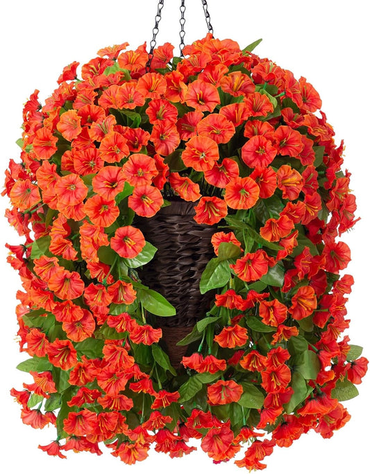 Artificial Fake Hanging Flowers Plants Baskets for Outdoor Fall Decoration, Faux Silk Orange Morning Glory in Planter UV Resistant Look Real for Home Porch Patio Balcony Yard Decor