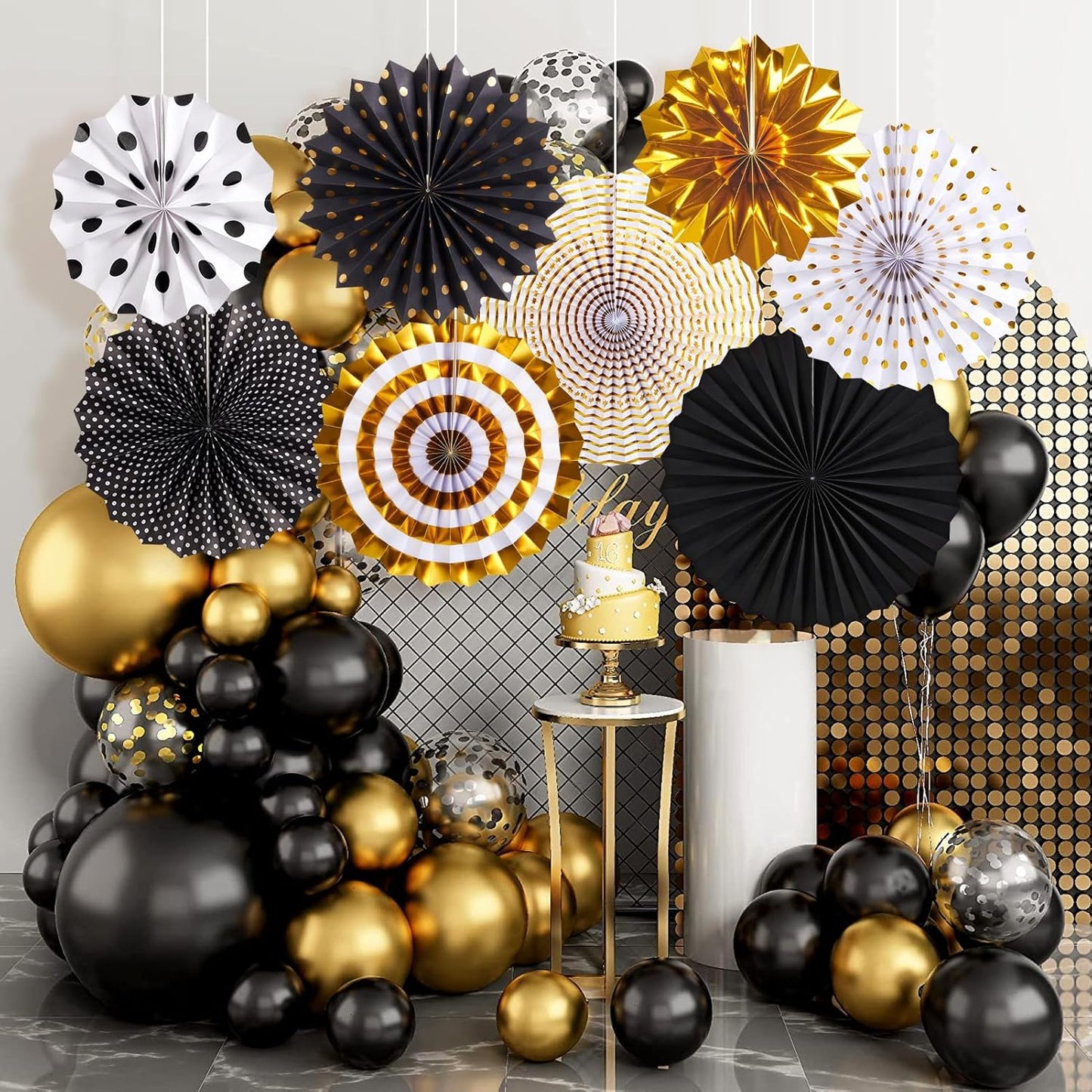 SUNBEAUTY Gold Black Paper Fans Backdrop for Tea Party Weddding Spring Birthday Classroom Baby Shower Halloween Decoration Hanging Home Party - 8Pcs