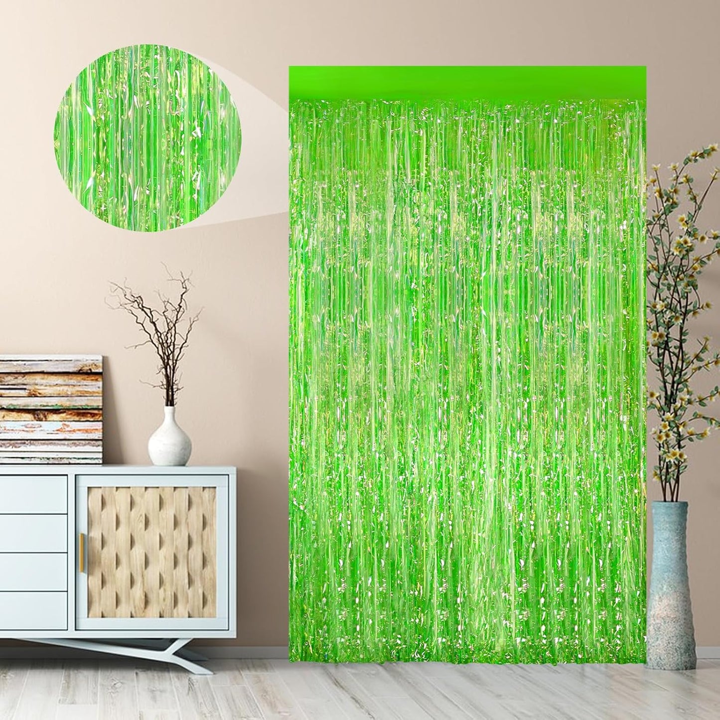 2Pack 3.3 x 8.3Ft Neon Green Foil Fringe Backdrop Curtains, Green Tinsel Streamers Birthday Party Decorations Fringe Backdrop for Graduation Baby Shower, Gender Reveal Disco Party Wedding Decorations