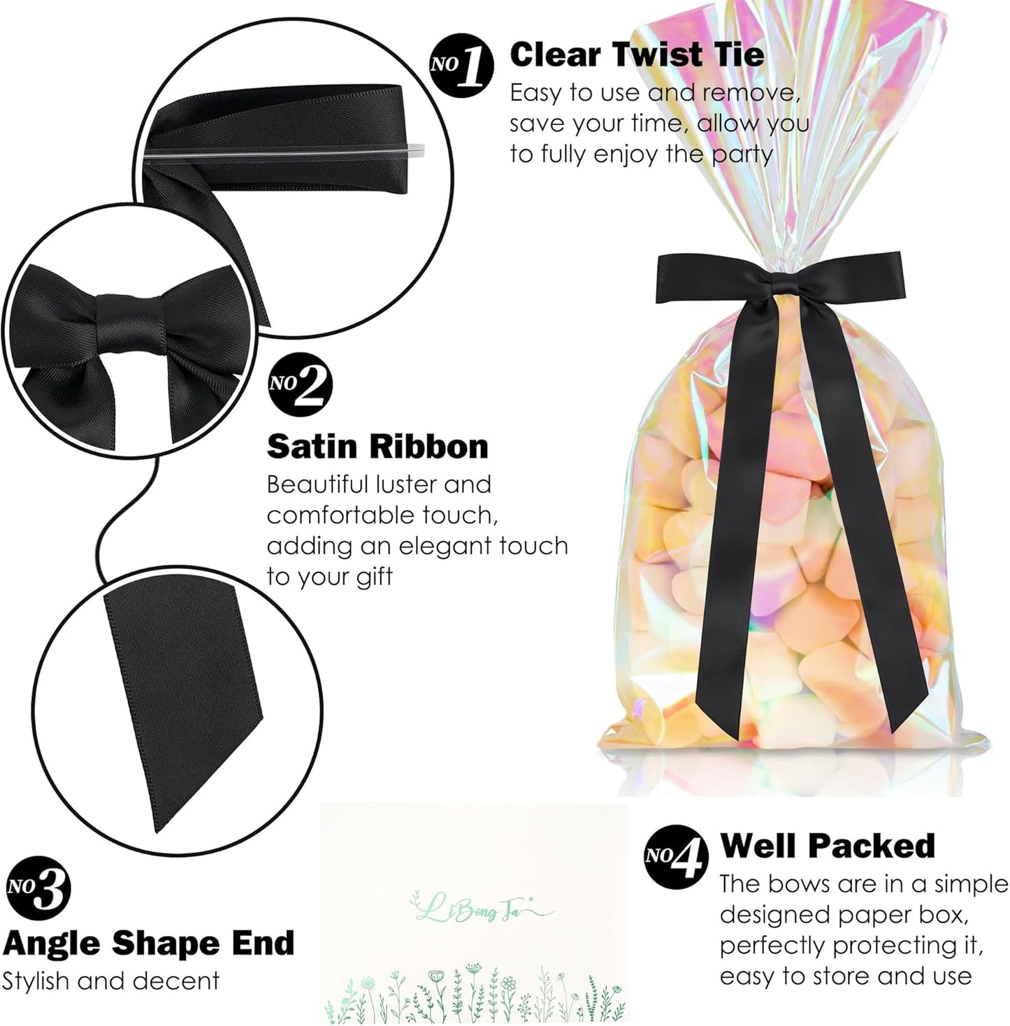 50 PCs Black Bow Decor 5.5'' Satin Bows with Long Tail, Twist Tie Bows for Craft, Packaging Ribbon Bows, Premade Bows for Cake Decorating, Gift Bows for Treat, Wedding Favor, Party