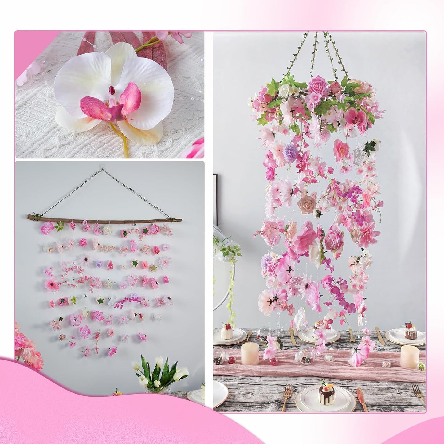 Flower Garlands 12pcs 82.6ft Artificial Hanging Flowers Faux Floral Vines Wildflower Wall Backdrop for Wedding, Party, Events, Home Ceiling Curtain Decor(Single Piece is 6.8ft)-Light Pink