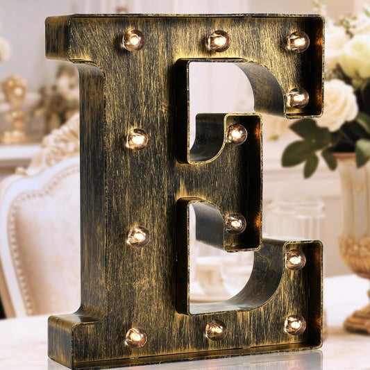 OYCBUZO Golden Black Led Marquee Letter - Industrial, Vintage Style Light Up Alphabet Letter Sign for Cafe Wedding Birthday Party Christmas Lamp Home Bar Initials Decor - E