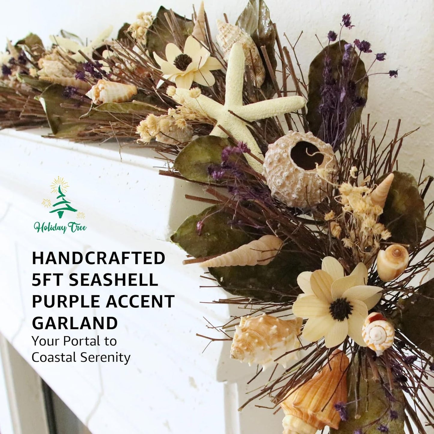 HOLIDAY TREE 5' Coastal Handcrafted Garland - Purple Accents, Natural Shells, Wood Twigs, Resin Starfish - Perfect Summer Garlands for Decoration.