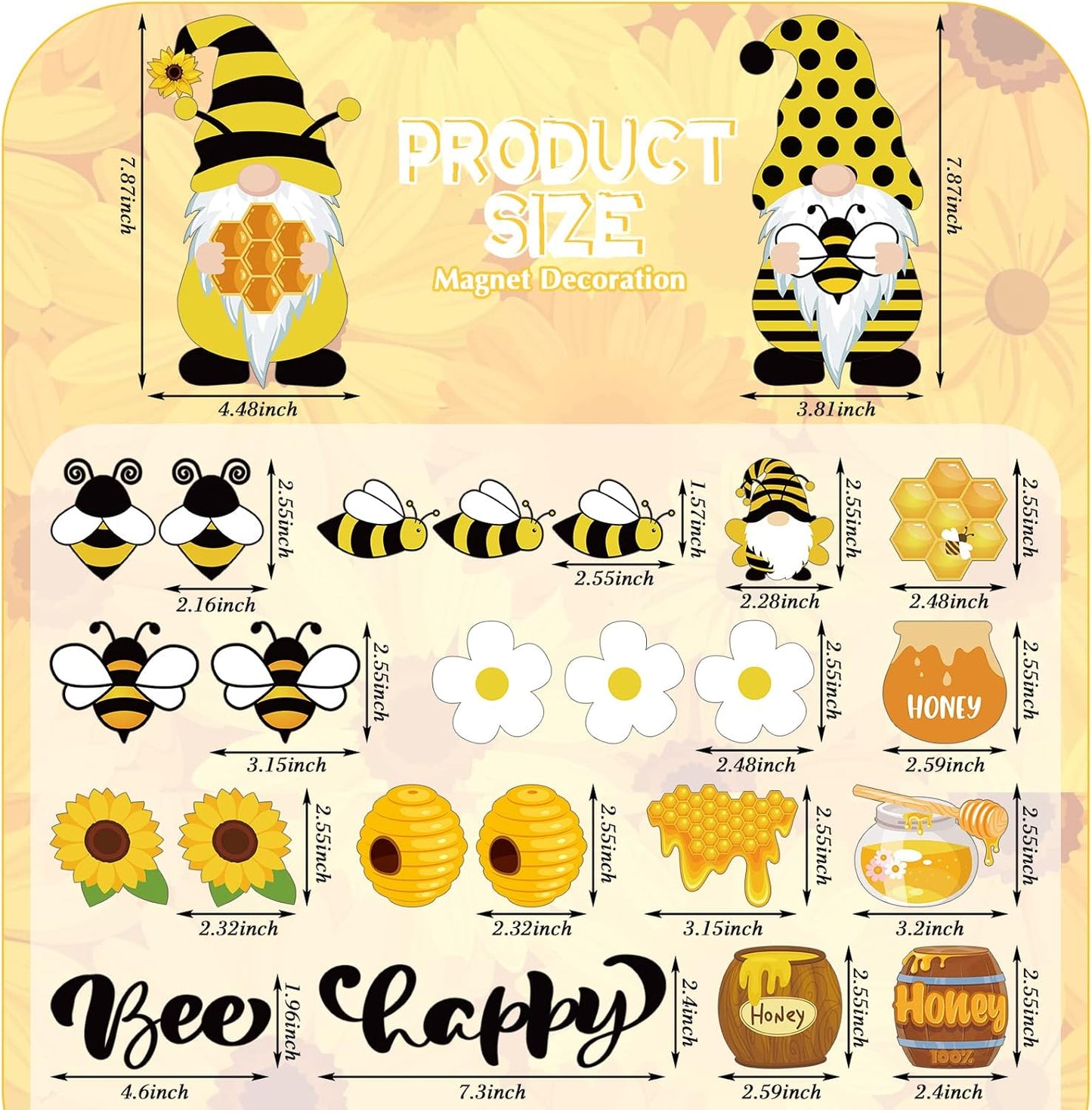 Xuhal 25 Pcs Bee Decor Refrigerator Magnets Happy Bee Gnome Sunflower Magnetic Stickers Car Magnets Fridge Garage Decor Party Supplies for Cars Office Whiteboard Mailbox