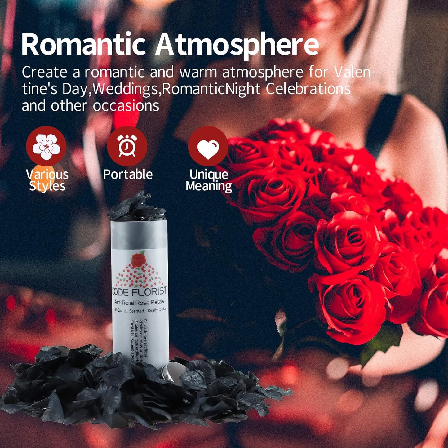 CODE FLORIST 1500 PCS Black Silk Rose Petals,Romantic Night,Wedding,Proposal Anniversary Flower Decorations(Separated,Scented)