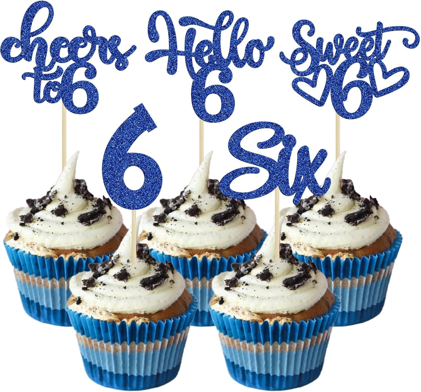 30Pcs 6th Birthday Cupcake Toppers Glitter Six Hello 6 Cupcake Picks Cheers to 6 Years Old Cake Decorations for 6th Birthday Party Supplies Deep Blue