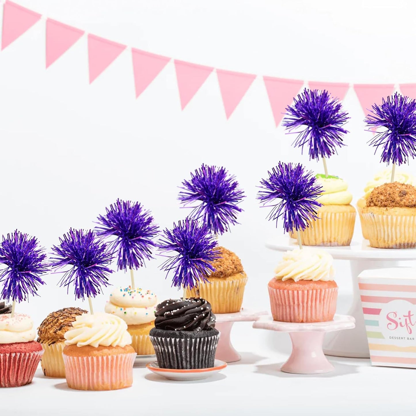 Gyufise 30Pcs Foil Firework Cupcake Toppers Sparkle Tinsel Cake Toppers Tinsel Drink Cake Decoration Cocktail Picks for Birthday Wedding Graduation Party Supplies Dark Purple