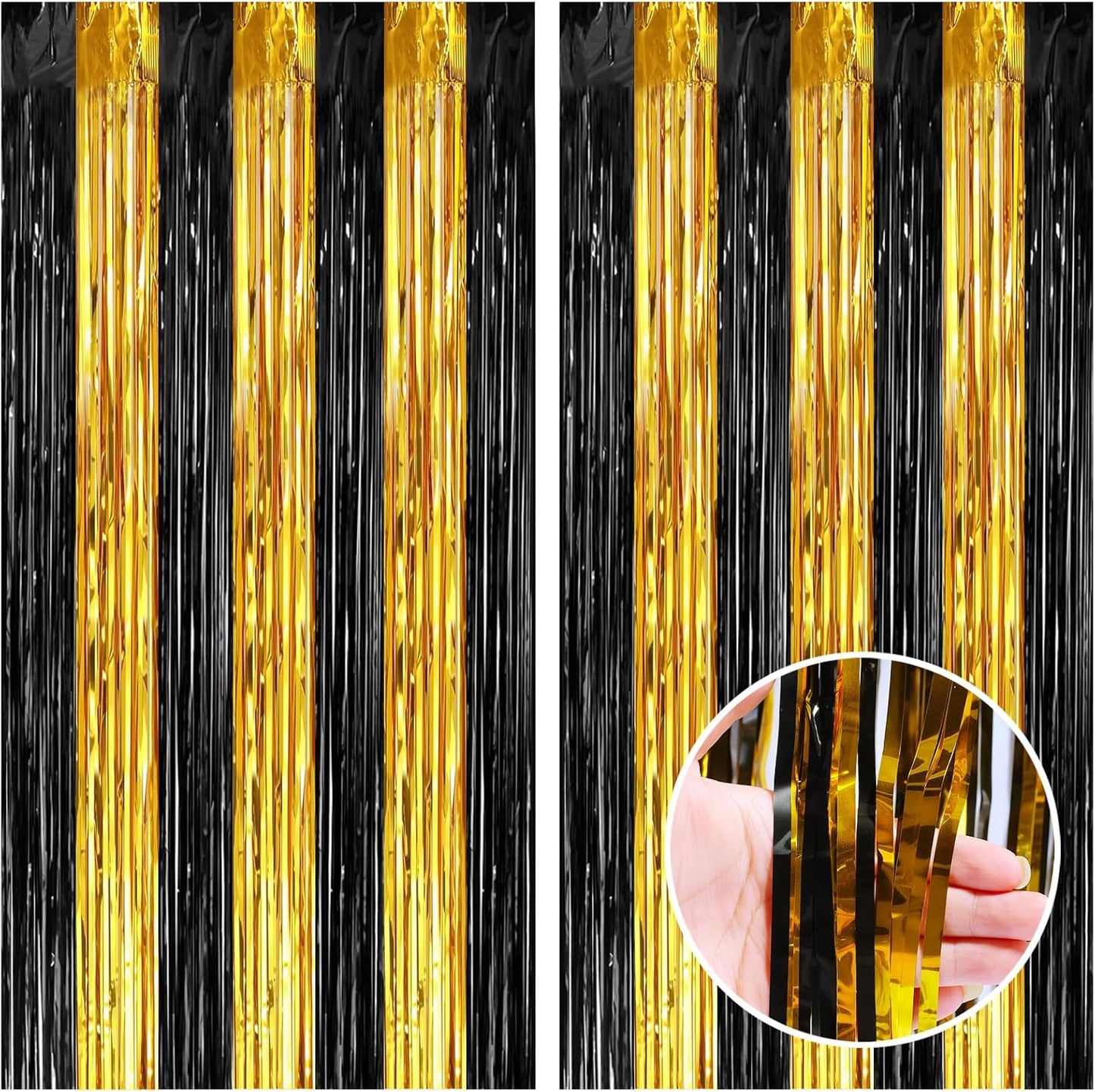 CANREVEL 2 Pack 3.3x8.2 Feet Black and Gold Foil Fringe Backdrop Curtains, Tinsel Streamers Birthday Party Decorations, Fringe Backdrop for Graduation, Baby Shower, Happy New Year, Disco Party