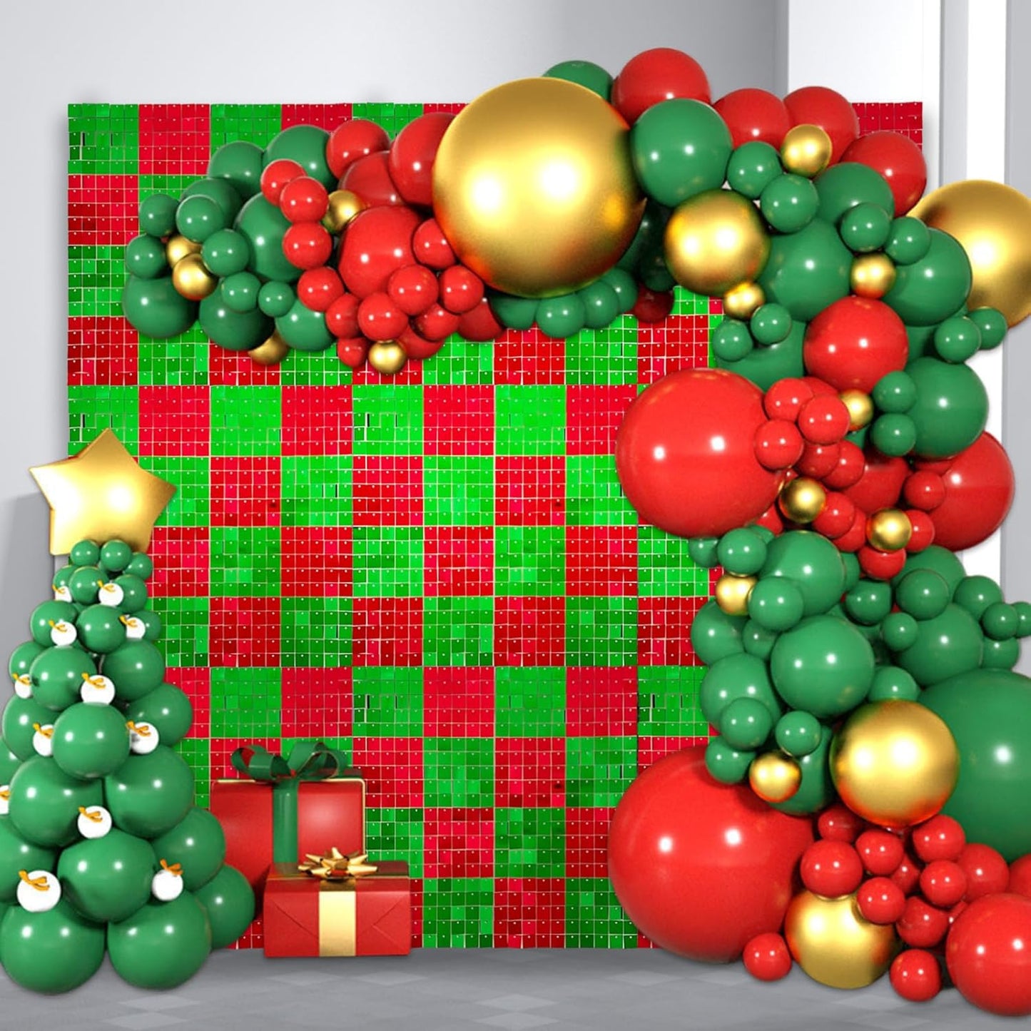 24PCS Red Green Shimmer Wall Backdrop, Xmas Square Sequin Photo Backdrops Panel, Glitter Wall Background for Birthdays, Weddings, Christmas, Engagements, Disco Bachelorette Party Decor (4FTx6FT)