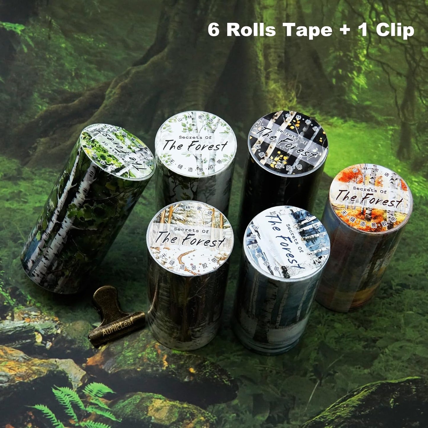 Forest Washi Tape Set, 6 Rolls Tree Landscape Stickers with Clip for Scrapbooking, Journaling and Planner Supplies