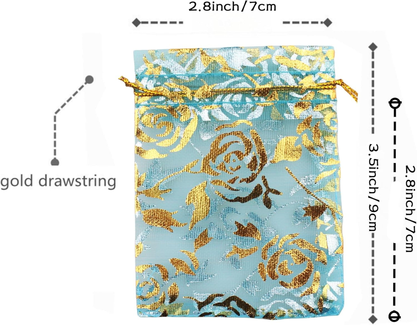 100 Pack 2.8 x 3.5 Inch Flower Heart Organza Jewelry Gift Pouch Candy Pouch Drawstring Wedding Favor Bags B511S (turquoise gold flower)