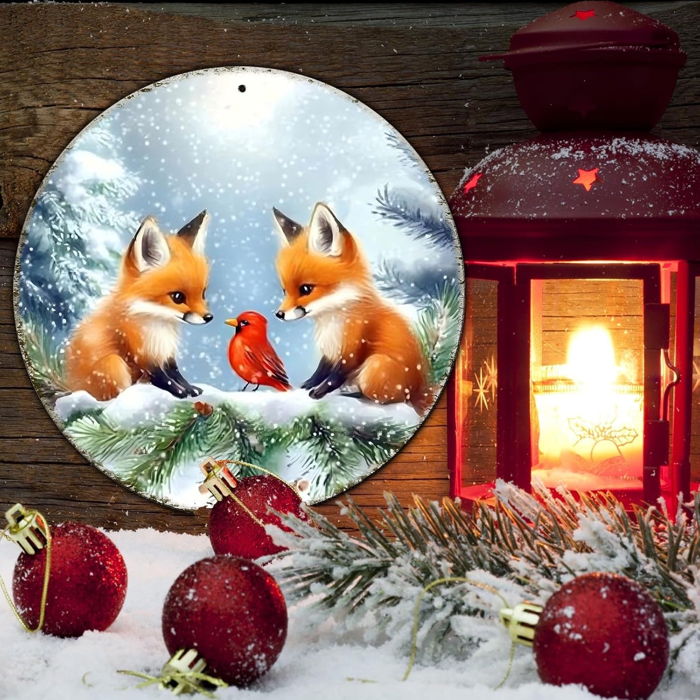 Christmas Round Fox Metal Tin Sign - Red Bird Winter Vintage Sign for Home & Outdoor Decorations - 12 * 12 in