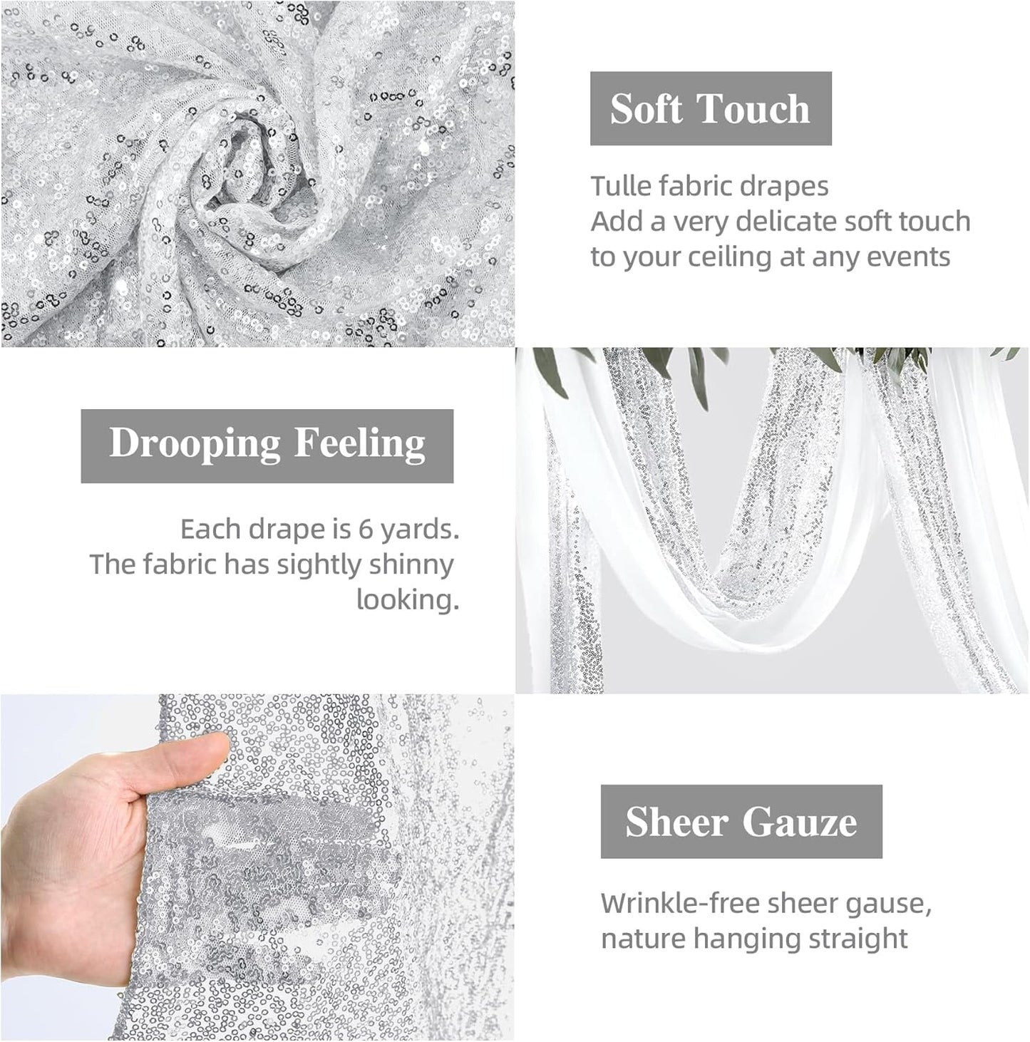 Wedding Arch Draping Fabric, 1 Panel 28" x19ft White Arch Drapes & 1 Panel 16" x19ft Silver Sequin Fabric Drapes Arbor Backdrop Curtain for Wedding Arch Ceremony Bridal Shower Reception