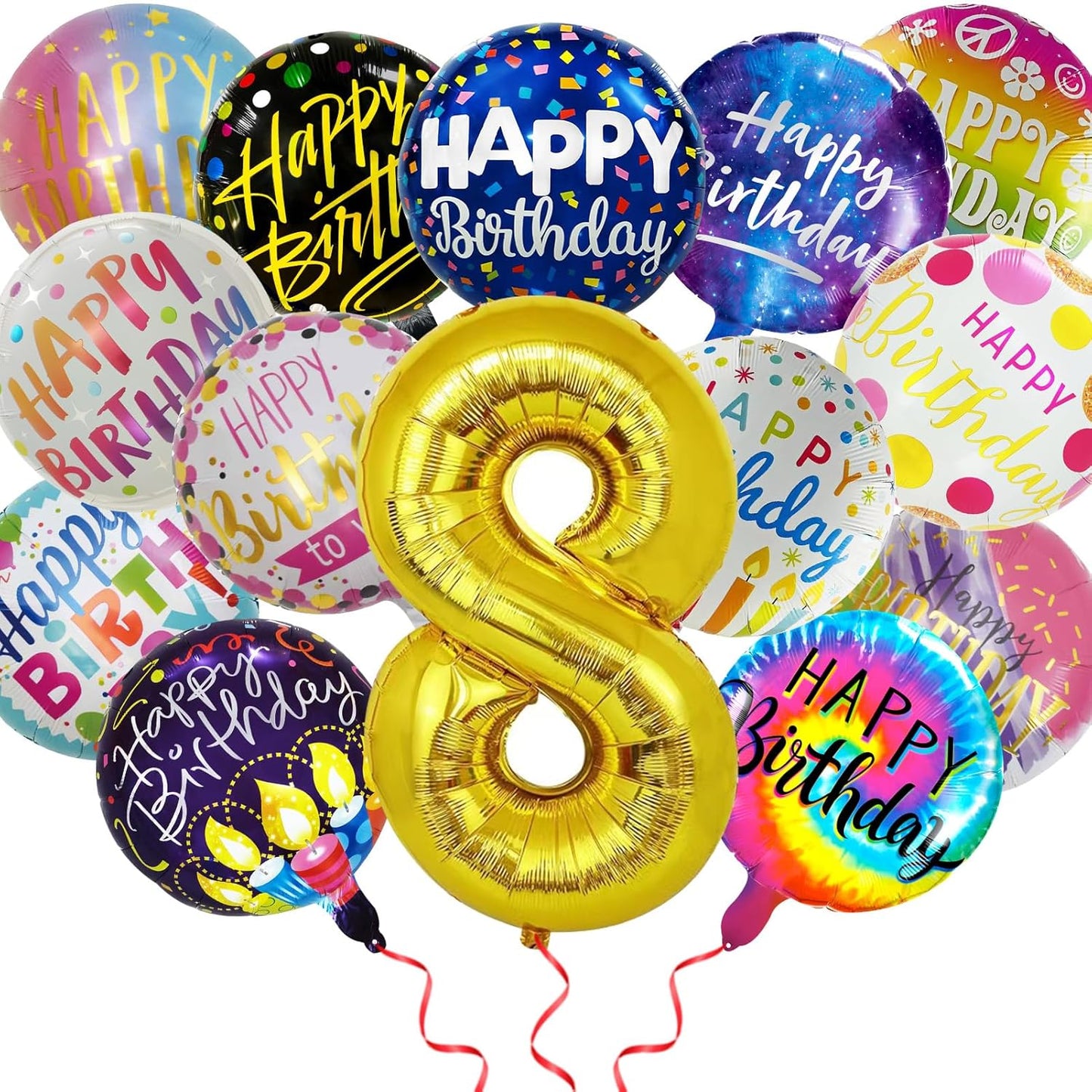 50 Pcs Happy Birthday Party Aluminum Foil Balloons and 8th Birthday Balloons, 18 Inch Round Aluminum Foil Balloon with" Happy Birthday" Sign, Birthday Party Decorations for Boys/Girls(Yellow, 8)