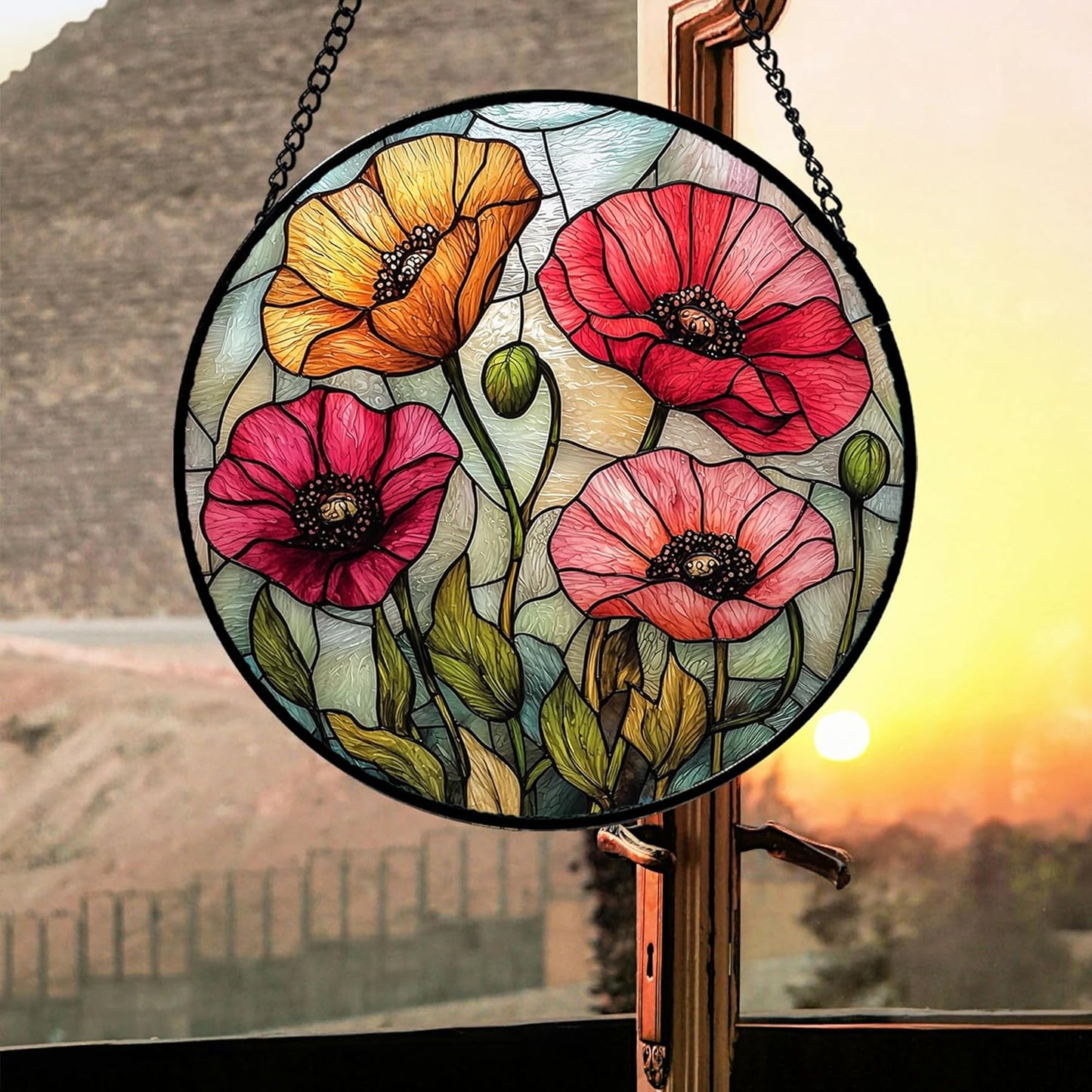 Stained Glass Window Hanging, Red Orange Poppy Birth Flowers Sun Catcher for Door Garden Yard Decor Wildflowers Suncatcher Christmas Mother Birthday Gifts for Women Men Mom Nana 15 in