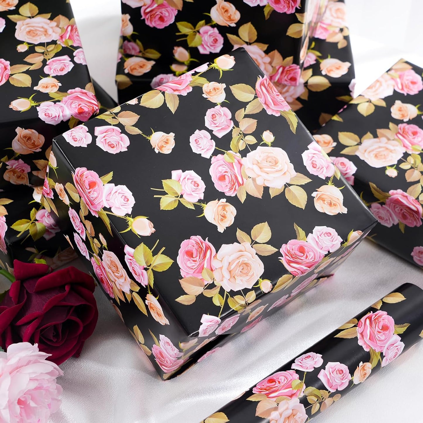 Ulmasinn Floral Wrapping Paper Roll - 17 Inches x 33 Feet - Vintage Romantic Pink Rose Flower Gift Wrap with Cut Lines for Wedding, Birthday, Bridal Shower, Mother’s Day