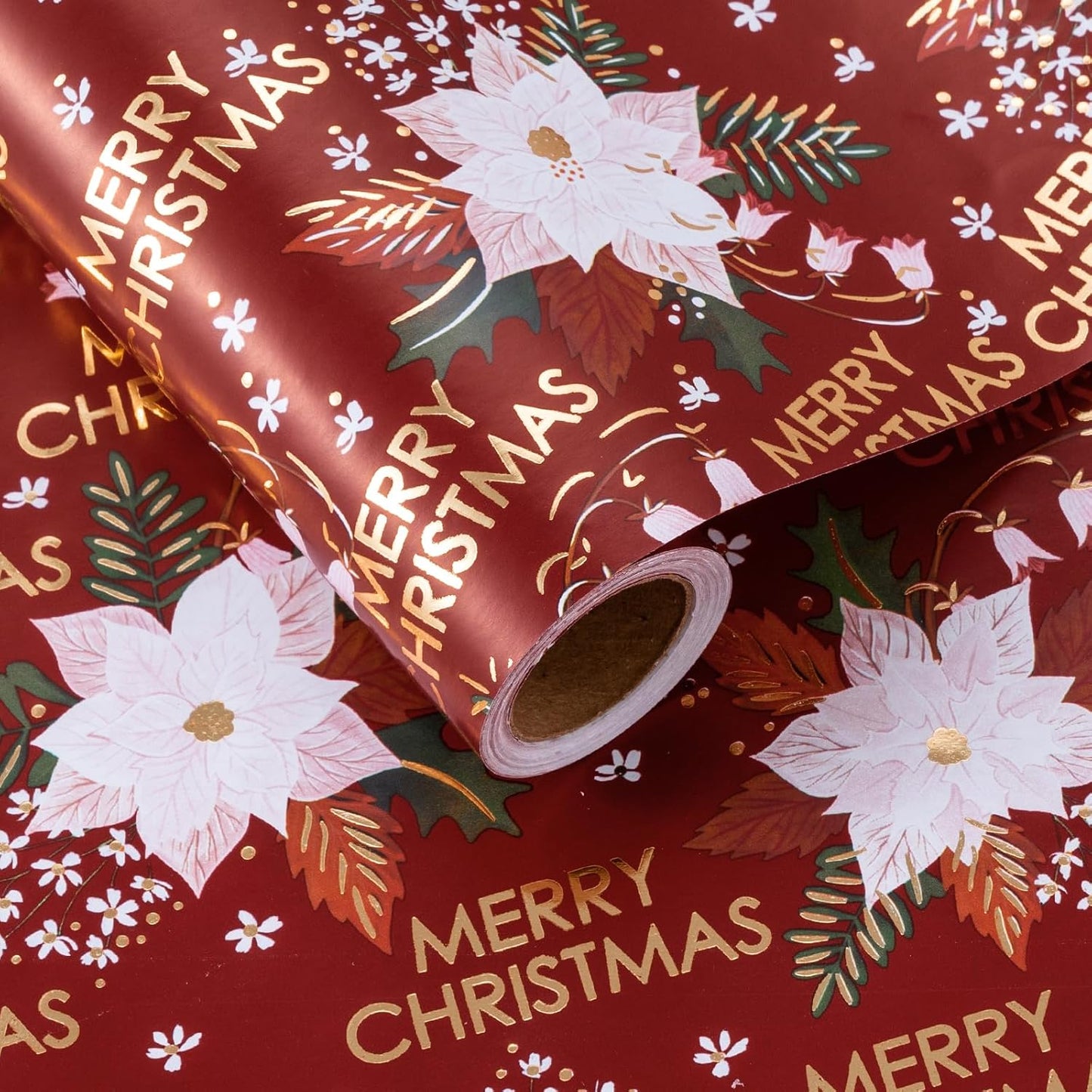 LeZakaa Christmas Wrapping Paper Roll - Red Flower & Merry Christmas Gold Foil Pattern for Holiday, Party - 17 inches x 32.8 Feet (46.45 sq.ft.)
