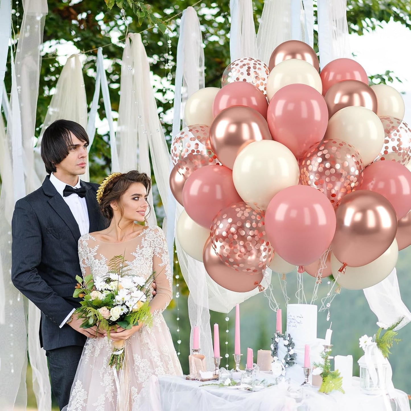 Paready Dusty Pink Balloons, 50 Pcs Retro Blush Pink White Balloons, 12 Inch Metallic Confetti Rose Gold Balloons Helium with Ribbon for Girls Wedding Bridal Baby Shower Birthday Party Decorations