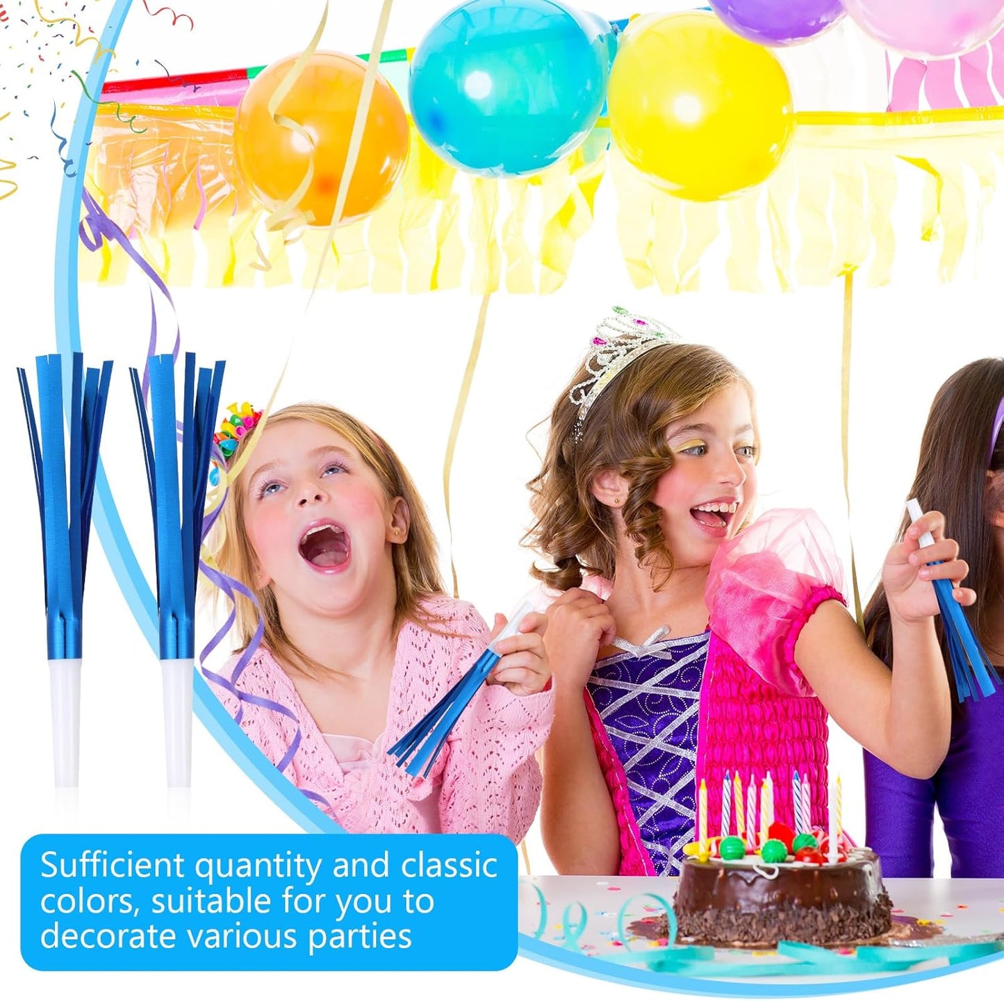 Metallic Fringed Noise Makers, for Noise Makers Party Favors, New Year Party, Baby Shower, Kids Birthday, 24 Pcs, Blue