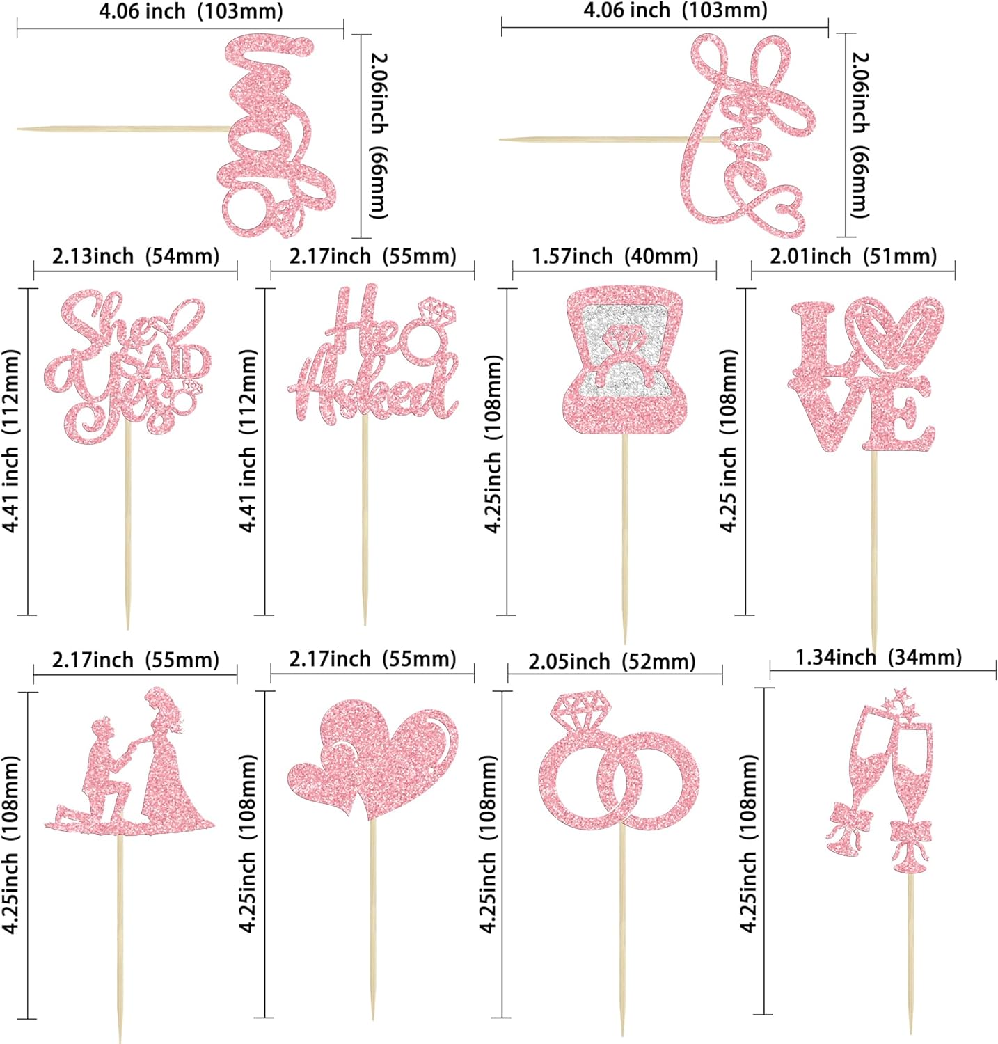 Ephlyn 30Pcs He Asked She Said Yes Cupcake Toppers Glitter Engagement Cupcake Toppers Diamond Ring Heart Love I Do Cupcake Picks for Engagement Wedding Party Cake Decorations Pink