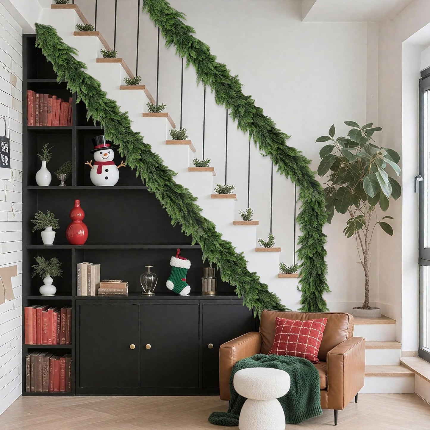 2PCS Christmas Cedar Garland 6FT Artificial Realistic Soft and Thickness Green Faux Cedar Pine Garlands, Holiday Xmas Decoration Stairs Wall Mantle Door Indoor Outdoor(2pcs, 6ft)