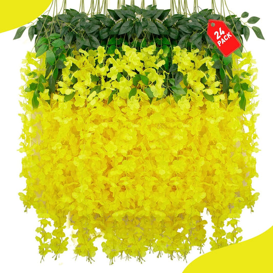 24 Pack Yellow Wisteria Hanging Flowers, 3.4 Ft Fake Hanging Flowers, Artificial Wisteria Garland Vines for Wedding Room Backdrop Outdoor Patio Garden Decoration