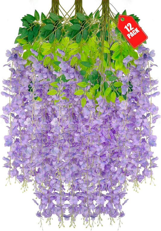 12 Pack Light Purple Wisteria Hanging Flowers, 3.44 Ft Fake Hanging Flowers, Artificial Wisteria Garland Vines for Wedding Room Backdrop Outdoor Patio Garden Decoration