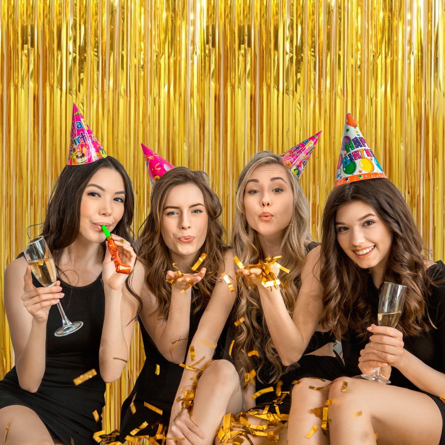 2 Pack Gold Streamers Party Decorations Gold Tinsel Backdrop Supplies Foil Curtain Backdrop for Baby Shower Birthday Bachelorette Wedding Engagement Holiday Celebration Party Decorations