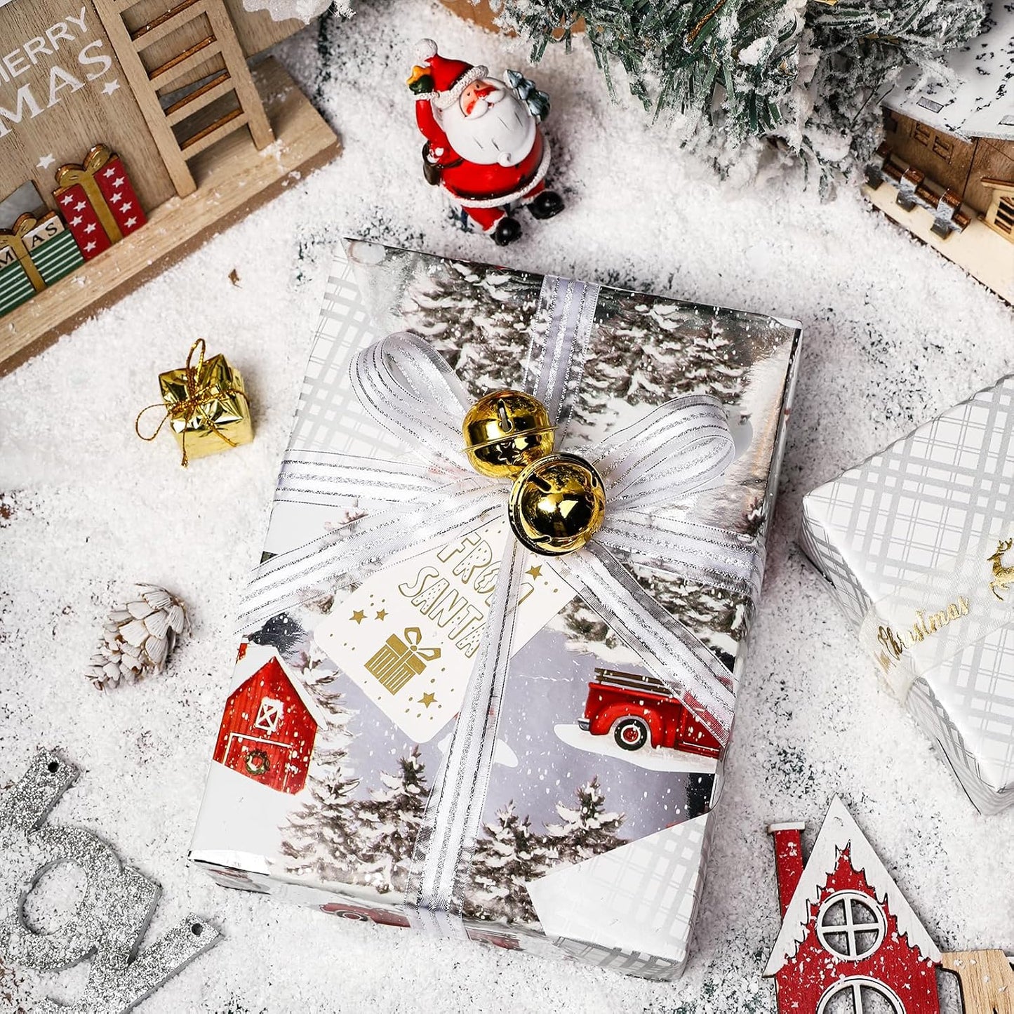 LeZakaa Christmas Silver Wrapping Paper Jumbo Roll for Boy Kid, Red Truck, Snowy Pine Forest & Grid Plaid, Silver Foil Reversible Design for Winter Holiday Family Gathering, 30 inches x 100 Feet