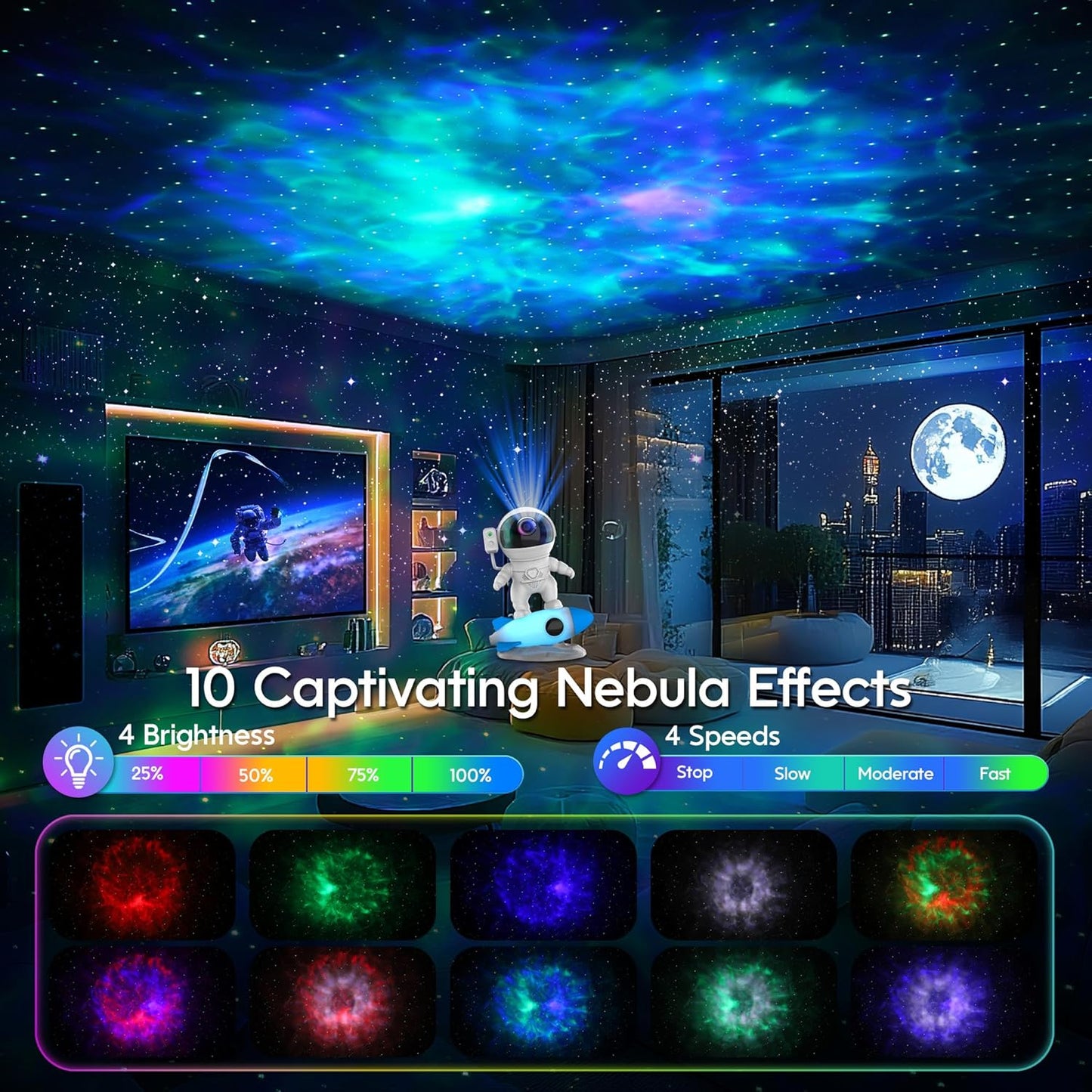 FlyEagle Astronaut Galaxy Projector, Star Nebula Projectors with Rocket Lamp, Night Lights LED Star Projector for Bedroom, Remote Control, White Noises, Bluetooth Speaker for Bedroom