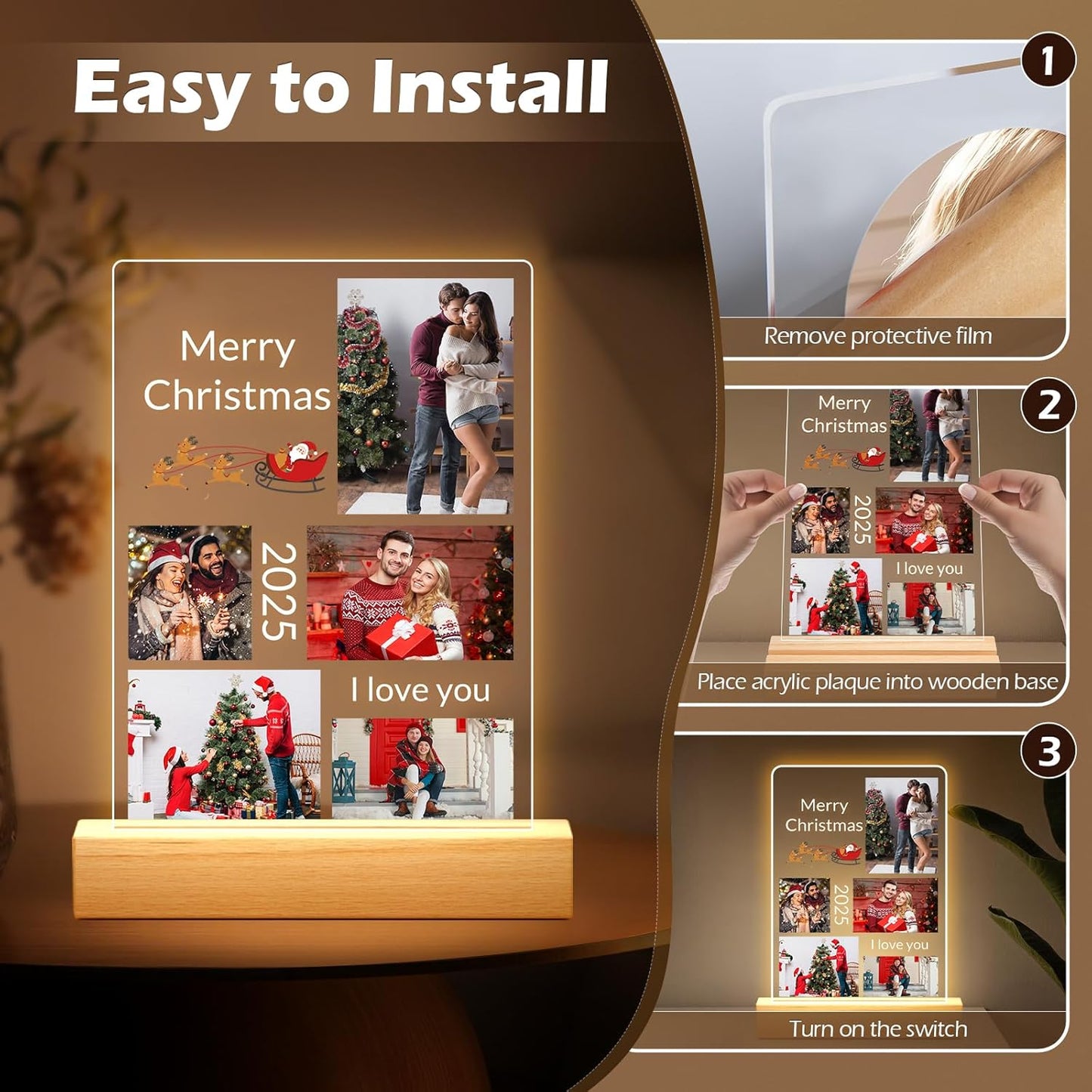 Custom Picture Frames with Photo, Personalized Photo Frame with Night Light, Customized Picture Frame, Personalized Christmas Photo Gifts for Women, Men, Him, Her, Couple, Boyfriend, Girl Friend