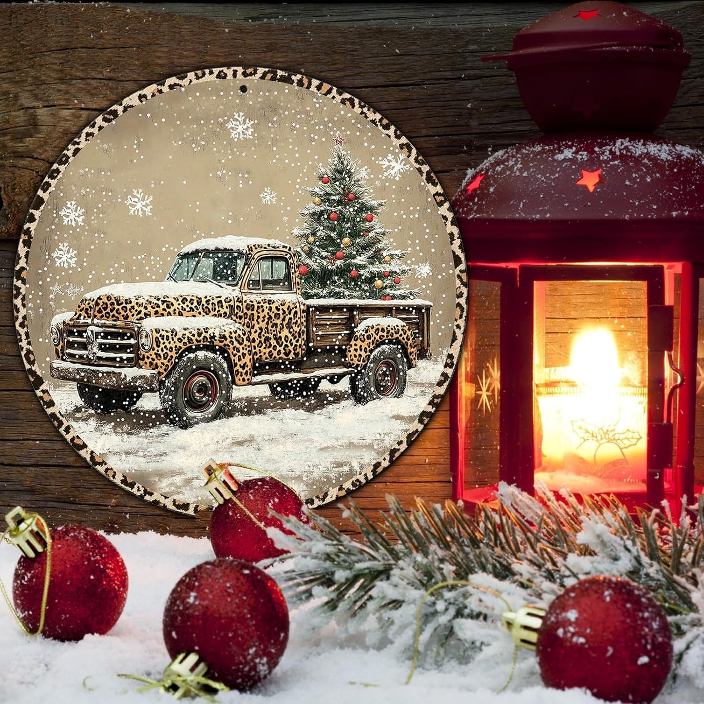 Round Leopard Truck Metal Tin Sign Rustic Wall Decor Christmas Wreath Sign Christmas Wreath Door Hanging Wall Decoration Bar Home Round 12 * 12 in