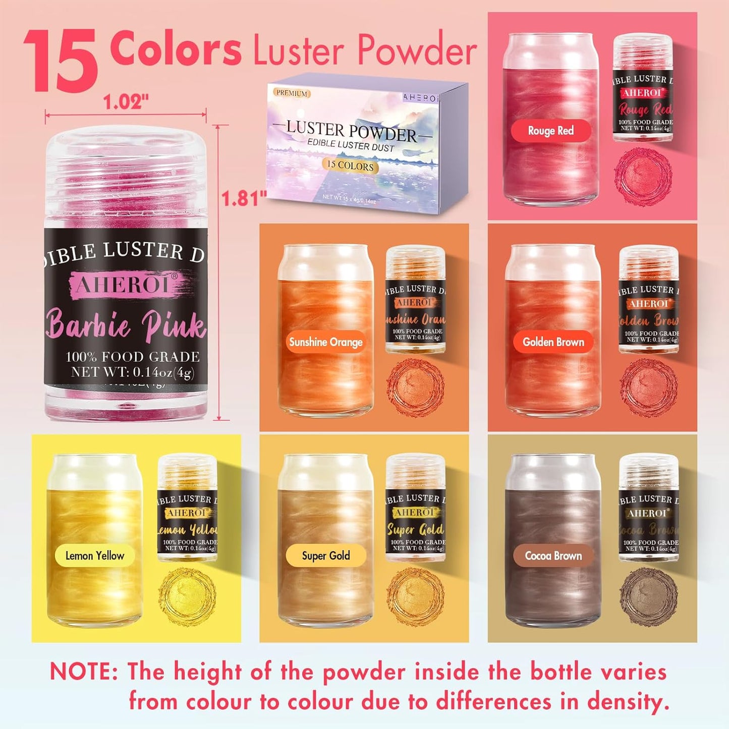 Aheroi Edible Glitter Set, 15 Colors Luster Dust Edible Set, Shimmering Glitter for Drinks Powder Glitter for Fondant, Cocktail Glitter for Cakes, Candy, Chocolate, Cookie（4g/0.14oz）