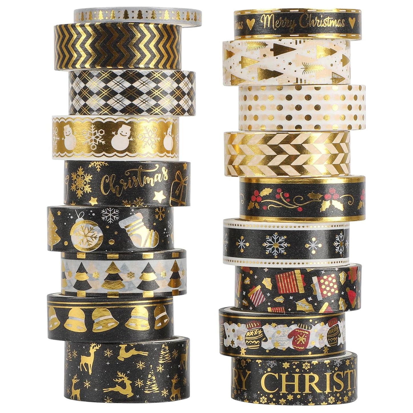 18 Rolls Christmas Washi Tape Holiday Masking Tape Black Christmas Wrapping Tape Glod Silver Foil Decorative Tape for Christmas Scrapbook Journal DIY Craft Gift Wrapping（Xmas Black