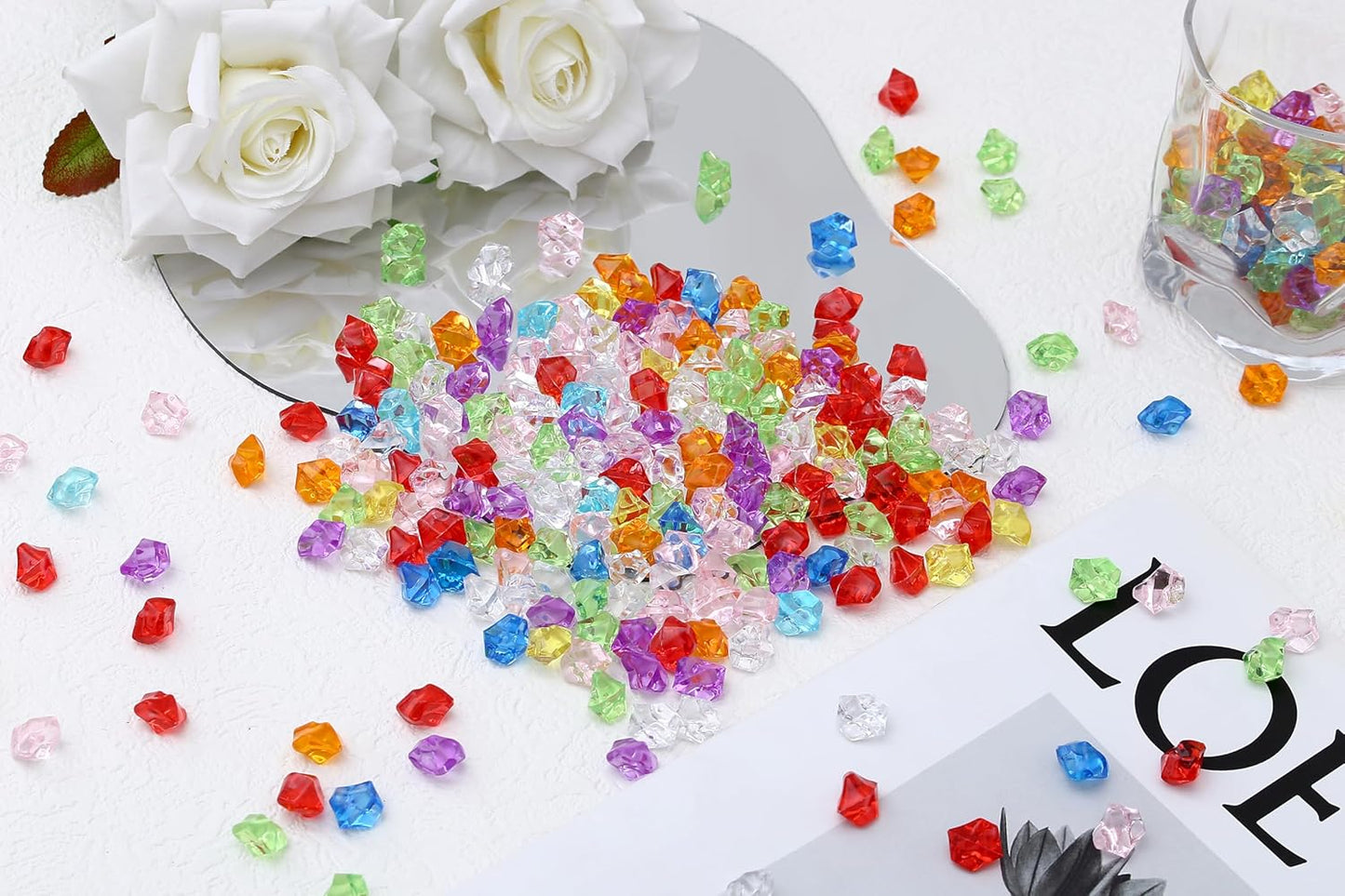 LAIDANLA 500PCS Multicolor Acrylic Gems Fake Ice Cubes Vase Fillers for Centerpiece Colorful Plastic Diamonds Fake Crushed Rocks for DIY Party Table Scatter Prop Wedding Decoration Accessories