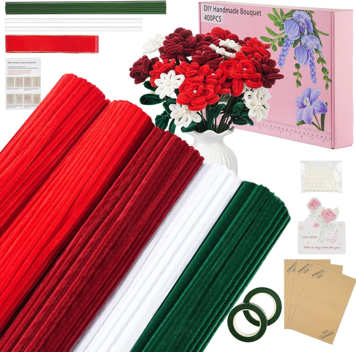 400 Pcs Red Pipe Cleaners for Crafts, 4 Colors Soft Chenille Stems Bulk with Floral Wires, Gardening Tape,Hot Glue Stick，Greeting Card,Bouquet Paper, Pearl & Ribbon, Flowers Craft kit for Christmas