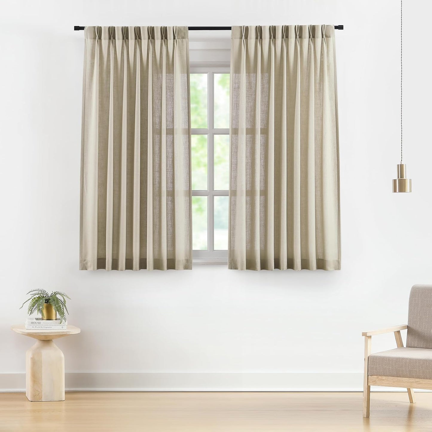 Vision Home Sand Pinch Pleated Semi Sheer Curtains Textured Linen Blended Light Filtering Window Curtains 63 inch for Living Room Bedroom Pinch Pleat Drapes with Hooks 2 Panels 40" Wx63 L,Camel Beige