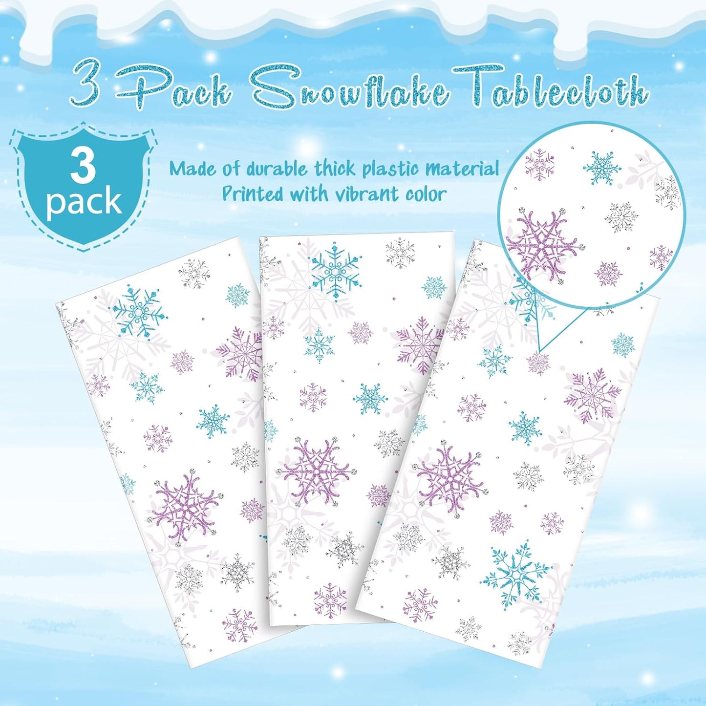 3 Pieces Christmas Snowflake Party Tablecloth Decorations,Plastic Purple and Blue Winter Wonderland Table Cover for Winter Christmas Birthday Holiday Party Decorations and Supplies,54x108 inch