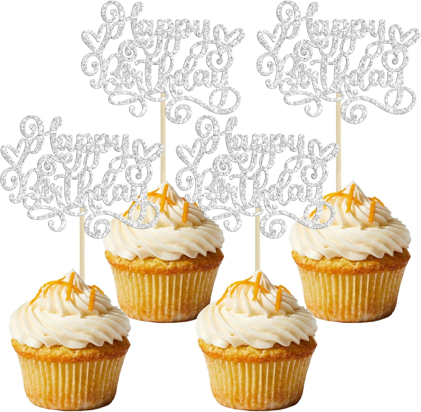 Gyufise 24Pcs Happy Birthday Cupcake Toppers Glitter Happy Birthday Cupcake Picks for Celebrating Happy Birthday Party Decor Anniversary Theme Party Cake Decorations Supplies Silver